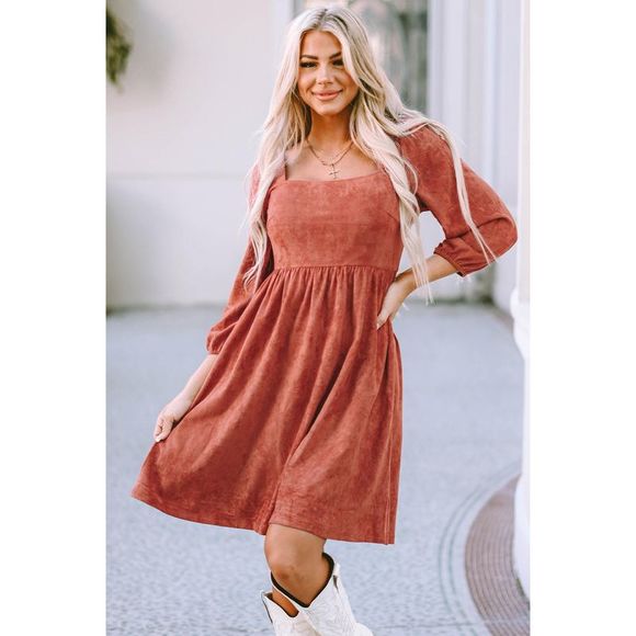 Azura Exchange Brown Suede Square Neck Puff Sleeve Dress - Picture 1 of 8